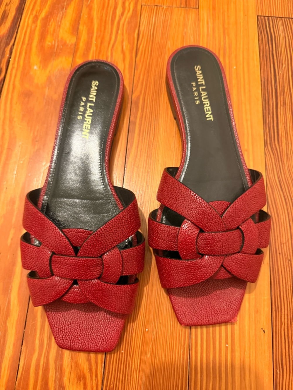 Saint Laurent Red Tribute Leather Slide Sandals - Sz 37